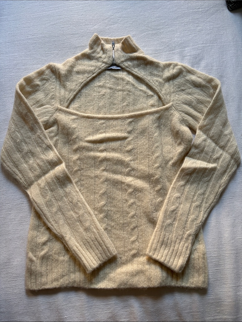 Ganni Cream Cable-Knit Zip Cutout Sweater